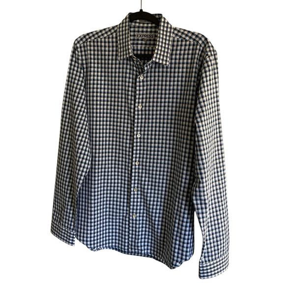 Express Mens Fitted Button Down Shirt Size Large Blue White Checkered - Picture 1 of 9